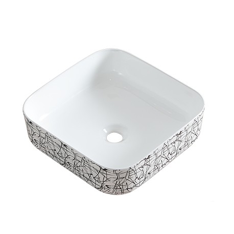 Volva 15", square porcelain sink with glossy white finish and graphics