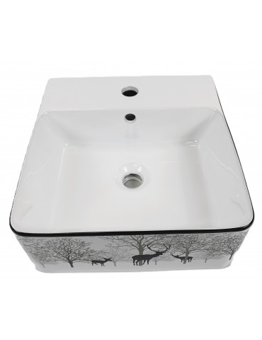 Kali, lavabo rectangulaire en porcelaine avec fini blanc lustré, rebord lustré et graphiques