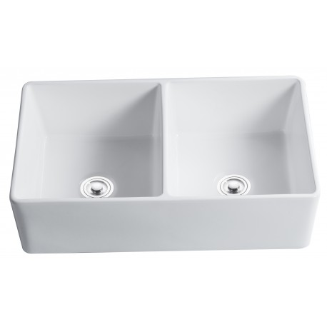 Balios, 33" Évier Double en porcelaine blanc lustré
